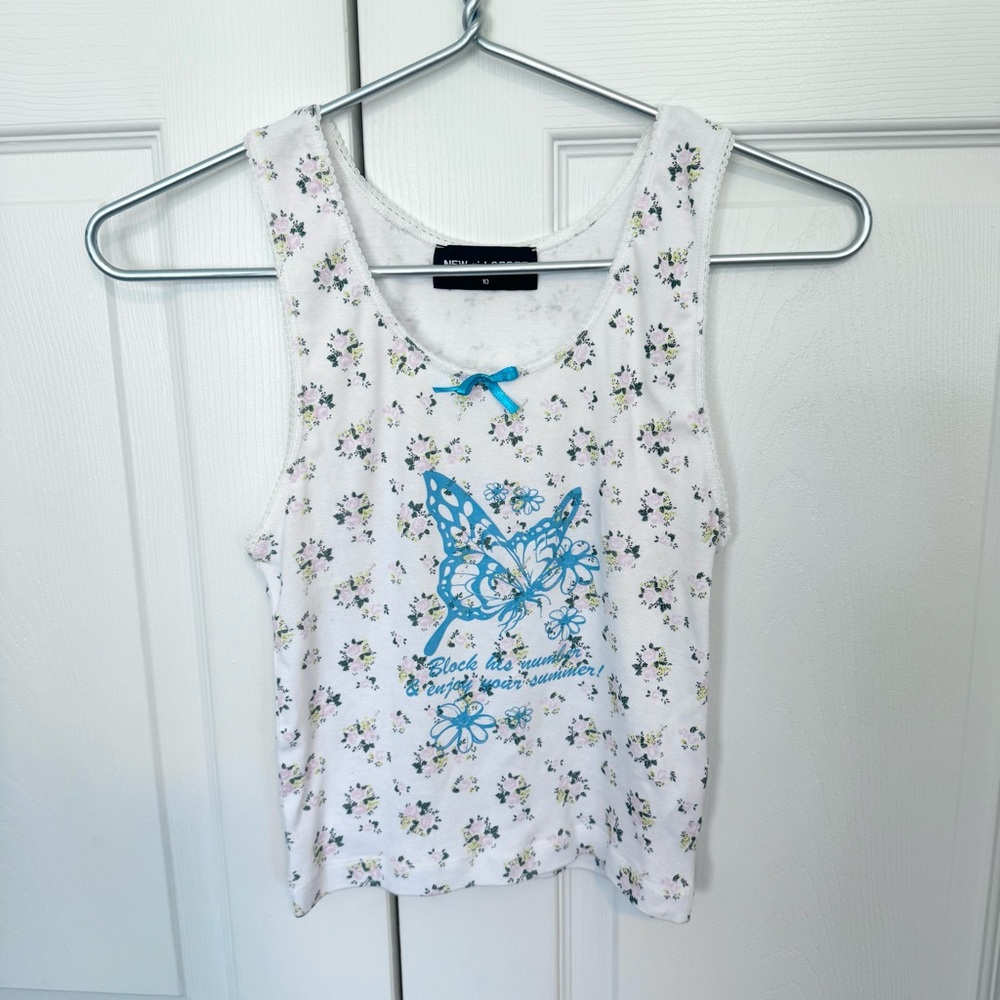 NEW GIRL ORDER Floral White Tank Top with Blue Butterfly Design Sz 10 (Medium)